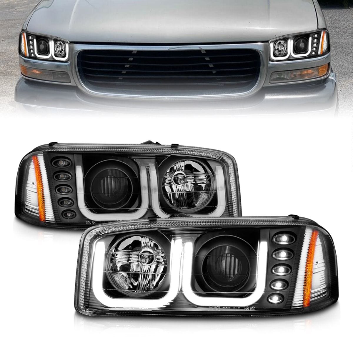 GMC SIERRA 99-06 / YUKON/ XL 00-06 / DENALI MODELS 01-06 PROJECTOR  HEADLIGHTS U-BAR BLACK CLEAR