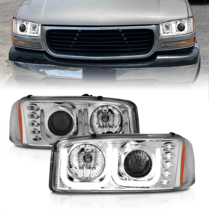 GMC SIERRA 99-06 / YUKON/XL 00-06 / DENALI MODELS 01-06 PROJECTOR U-BAR  STYLE HEADLIGHTS CHROME