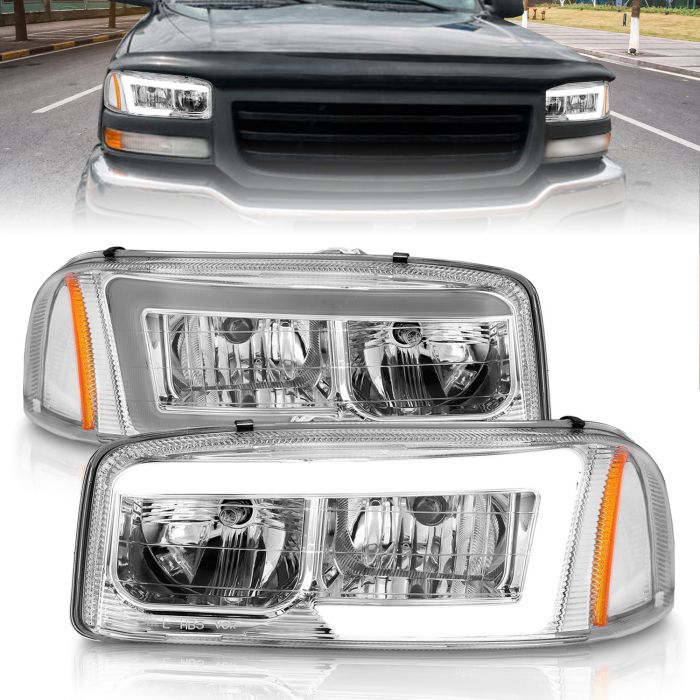 GMC SIERRA/SIERRA DENALI 99-06 / SIERRA CLASSIC 07 / YUKON/YUKON XL / YUKON DENALI 00-06 CRYSTAL PLANK STYLE HEADLIGHTS CHROME