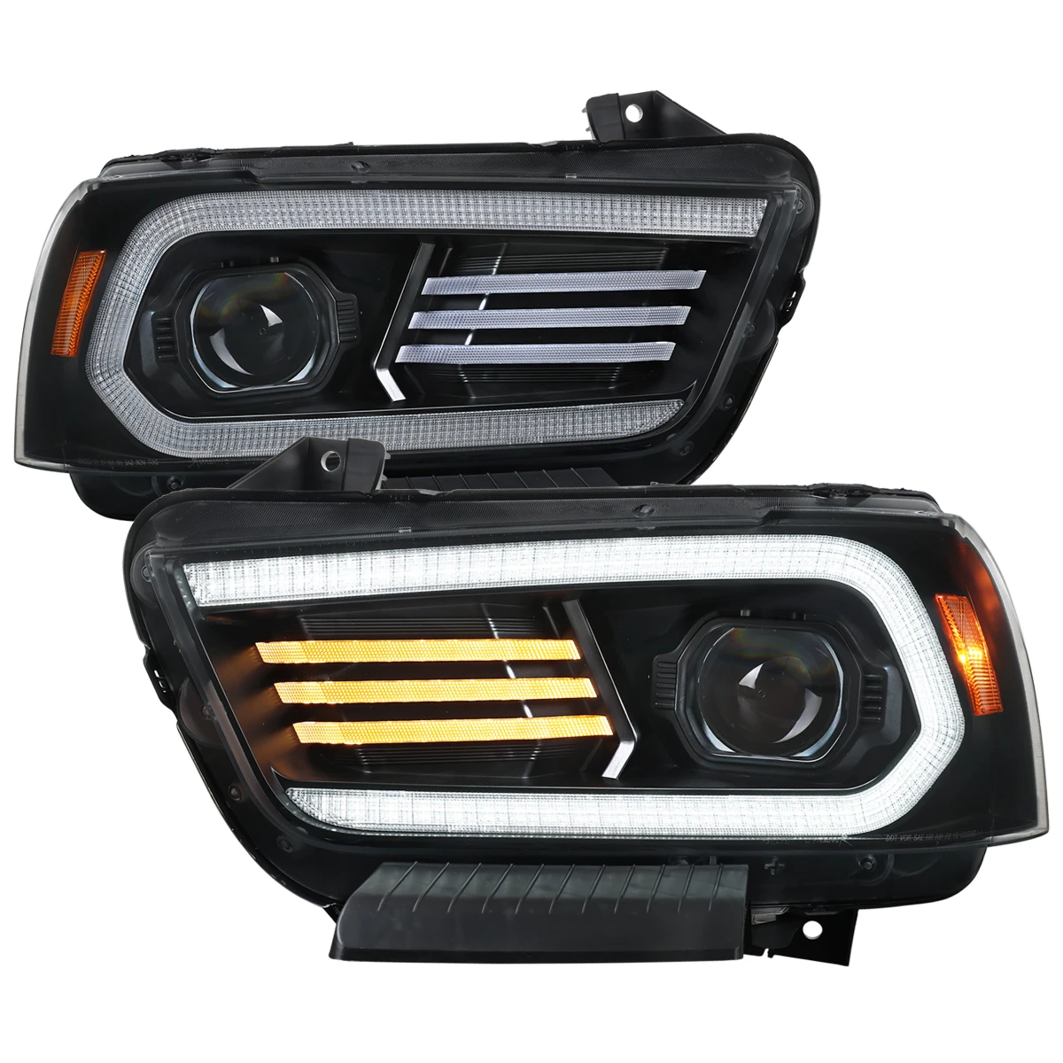 2011-2014 Dodge Charger HID Projector Headlights w/ LED DRL Light Strip Sequential Turn Signal and Side Marker (Black Housing / Clear Lens)