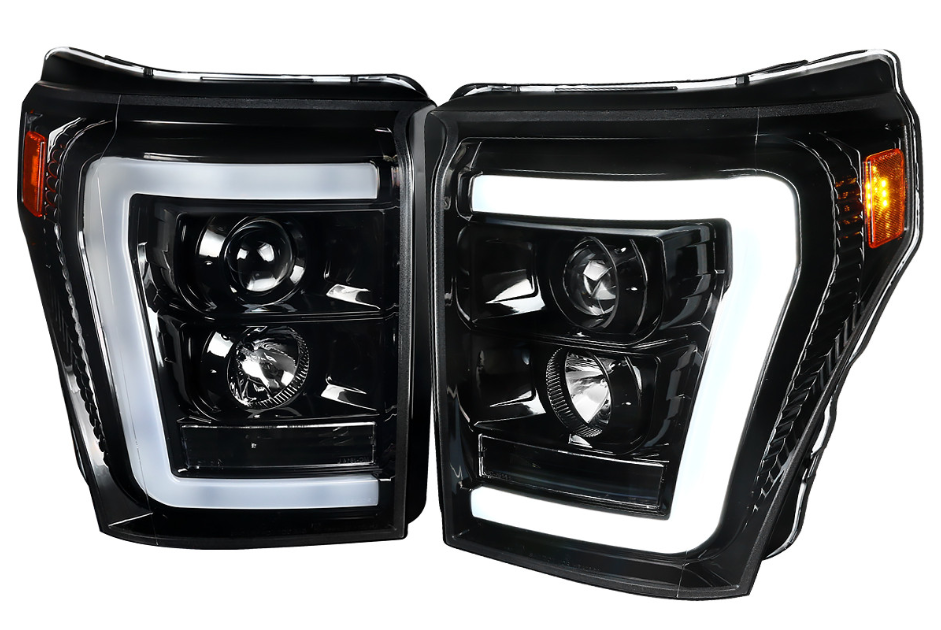 2011-2016 F-250/F-350/F-450/F-550 LED C-Bar Projector Headlights (Jet Black Housing/Clear Lens)