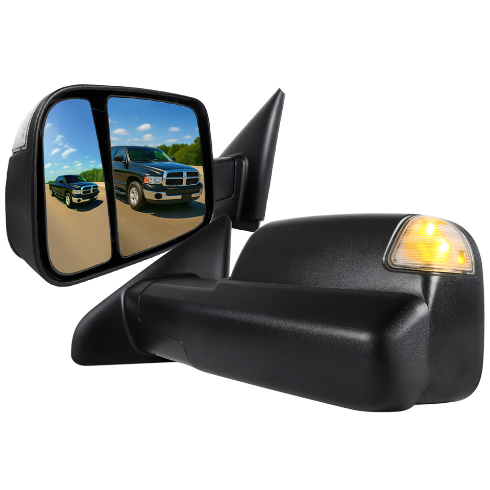2002-2009 Dodge RAM Power Adjustable, Heated, & Manual Fold Towing Mirrors Black Textured Caps w/ LED Turn Signal & Puddle Lights