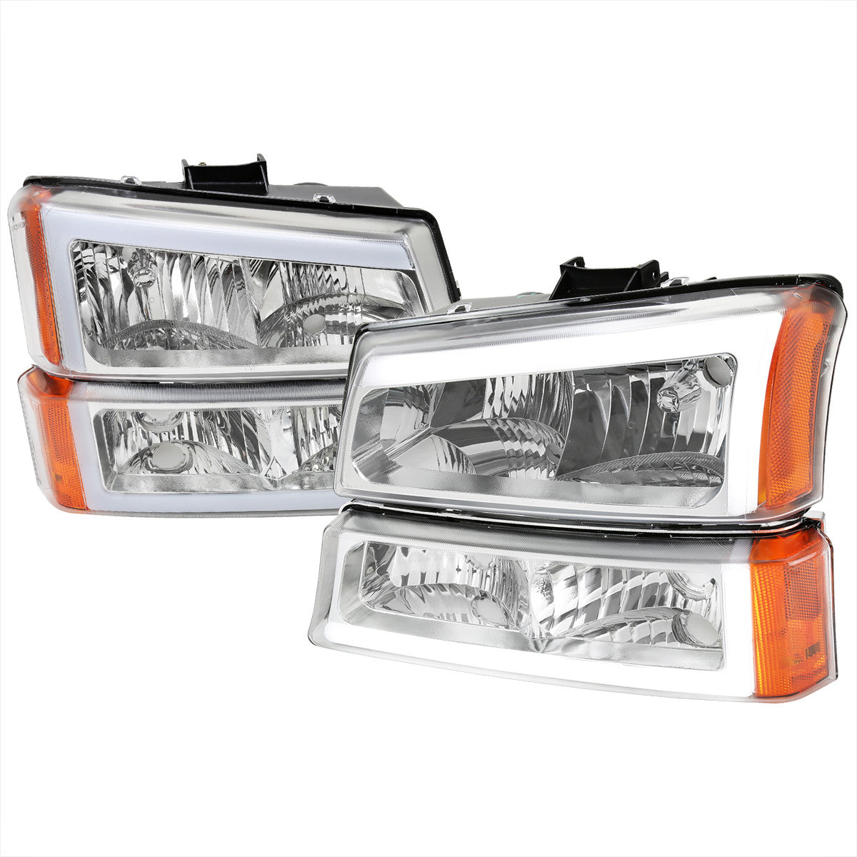 2002-2006 Chevrolet Avalanche/ 2003-2007 Silverado LED Bar Factory Style Headlights & Bumper Lights (Chrome Housing/Clear Lens)