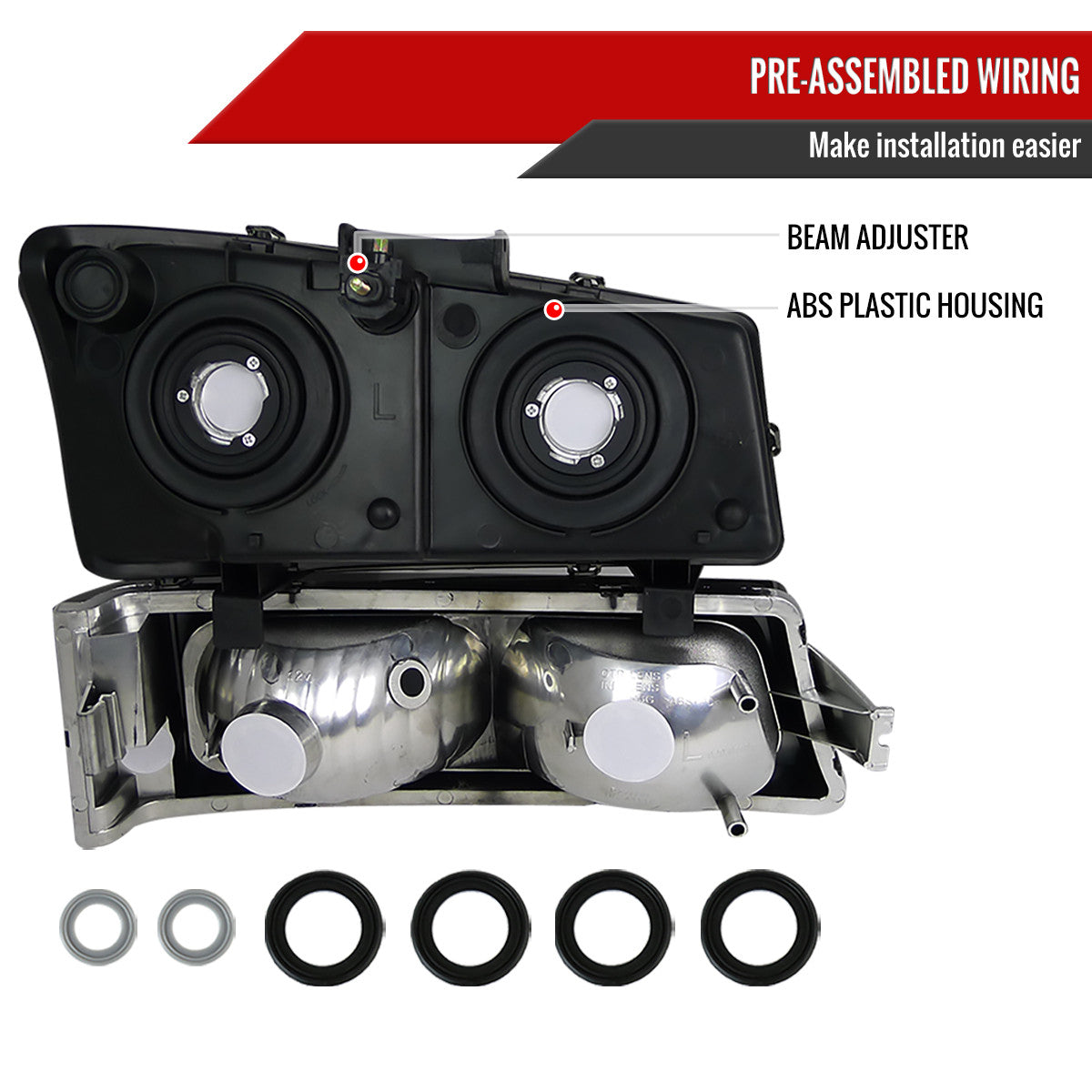 2002-2006 Chevrolet Avalanche/ 2003-2007 Silverado Factory Style Headlights w/ Bumper Lights (Chrome Housing/Clear Lens)