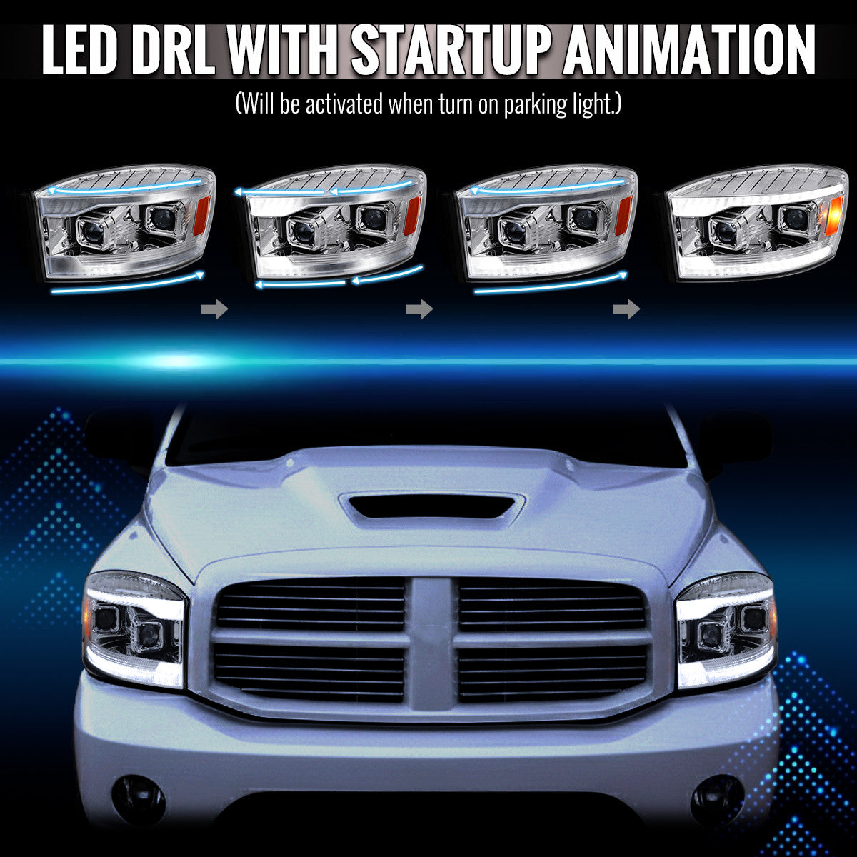 2006–2008 Dodge RAM 1500 / 2006–2009 RAM 2500 3500 Projector Headlights with Switchback LED Strips, Sequential Turn Signals, DRL & Startup Animations (Chrome Housing / Clear Lens)