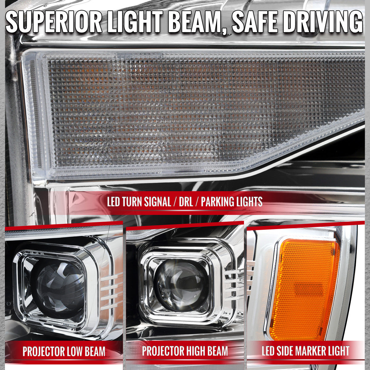 2006–2008 Dodge RAM 1500 / 2006–2009 RAM 2500 3500 Projector Headlights with Switchback LED Strips, Sequential Turn Signals, DRL & Startup Animations (Chrome Housing / Clear Lens)