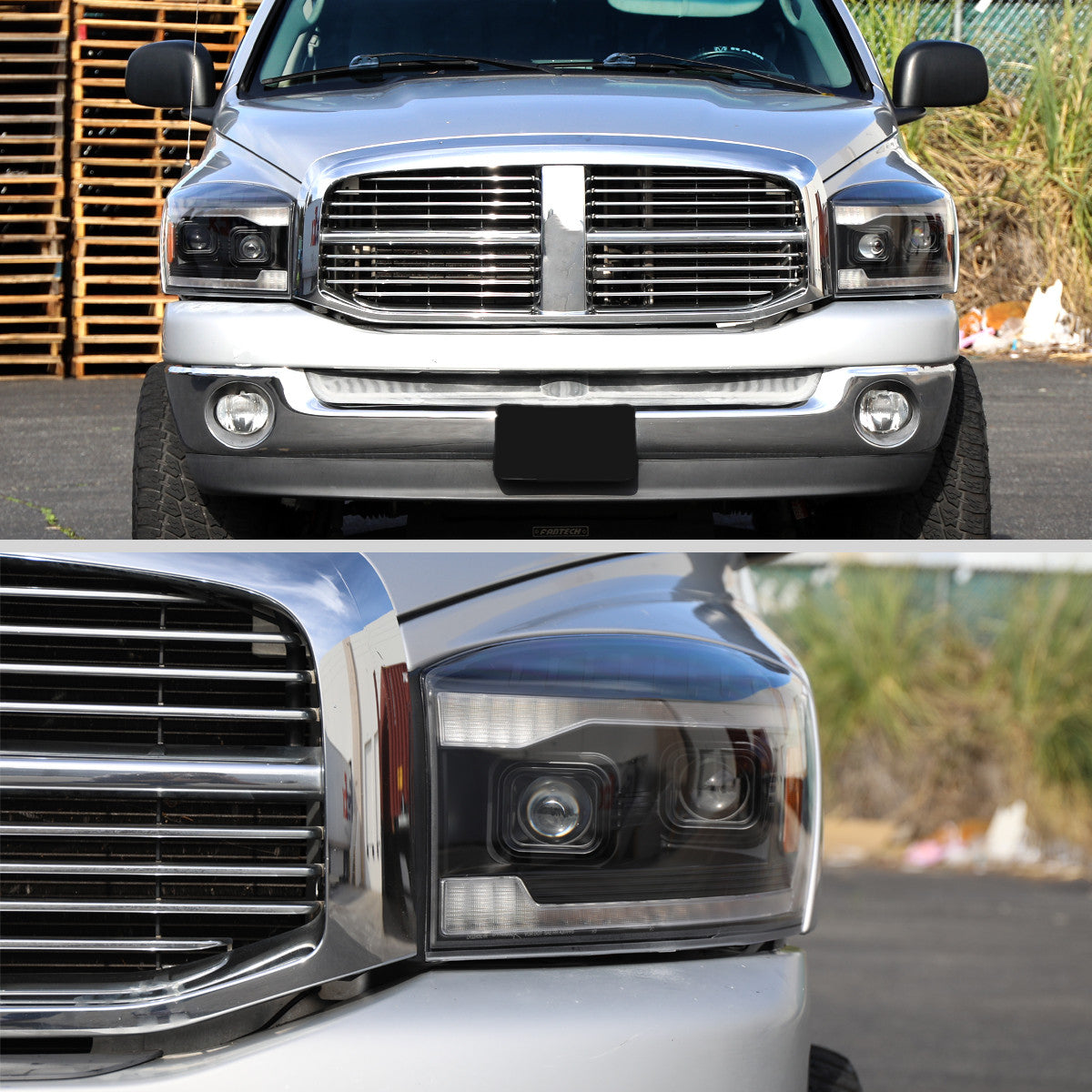 2006–2008 Dodge RAM 1500 / 2006–2009 RAM 2500 3500 Projector Headlights with Switchback LED Strips, Sequential Turn Signals, DRL & Startup Animation (Black Housing / Clear Lens)