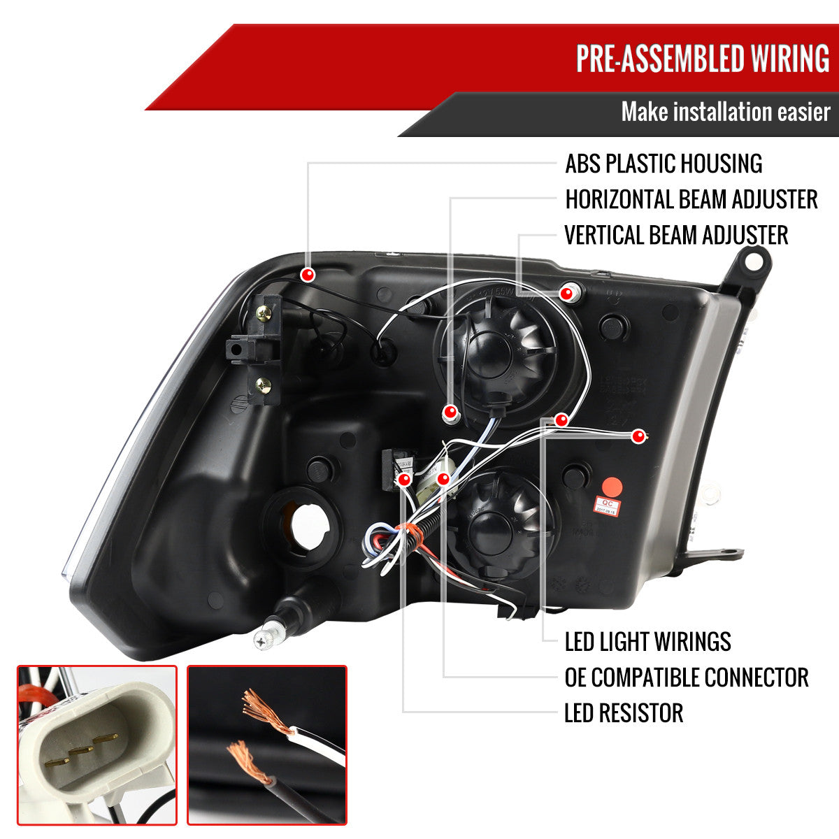 2009-2018 Dodge RAM 1500 / 2019-2021 RAM Classic / 2010-2018 RAM 2500 3500 Dual Halo Projector Headlights (Jet Black Housing/Clear Lens)