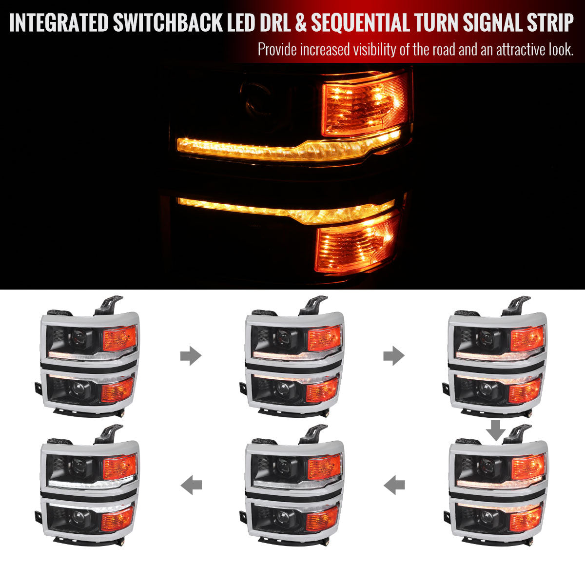 2014-2015 Chevrolet Silverado 1500 Animated/Switchback Sequential LED Bar Projector Headlights