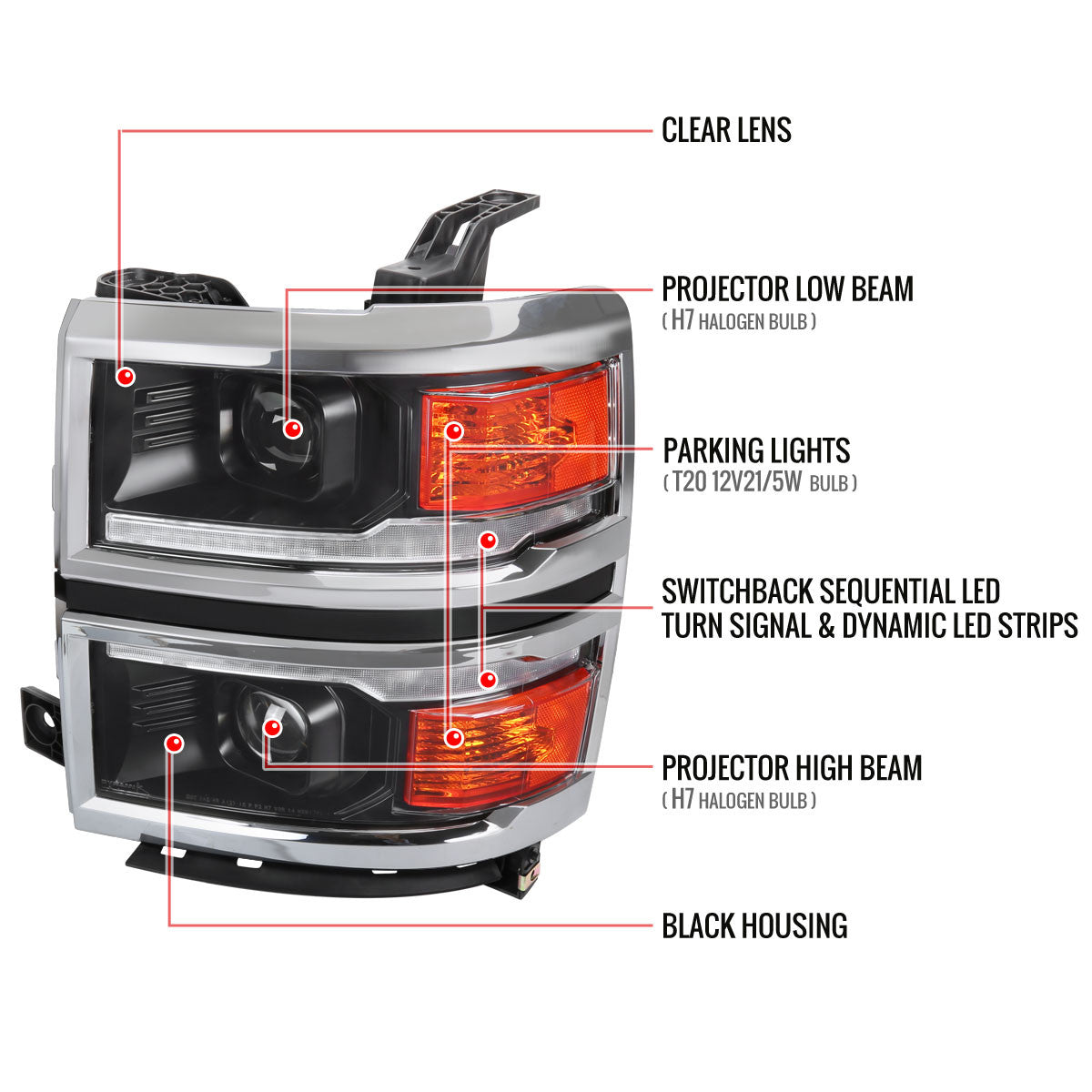 2014-2015 Chevrolet Silverado 1500 Animated/Switchback Sequential LED Bar Projector Headlights