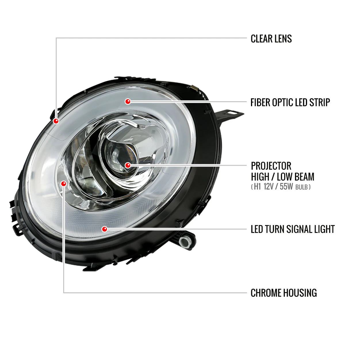 2007-2015 Mini Cooper R55 R56 R57 R58 R59 Projector Headlights w/ LED Turn Signal Lights (Chrome Housing/Clear Lens)