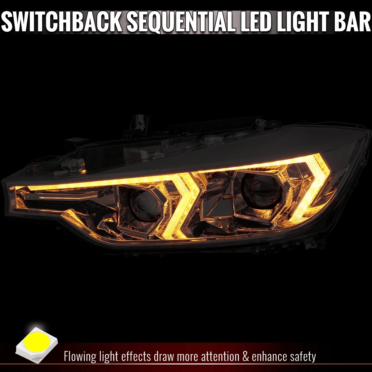 2012-2015 BMW F30 3 Series Sedan Projector Headlights w/ Switchback Sequential LED Turn Signal (Chrome Housing / Clear Lens)