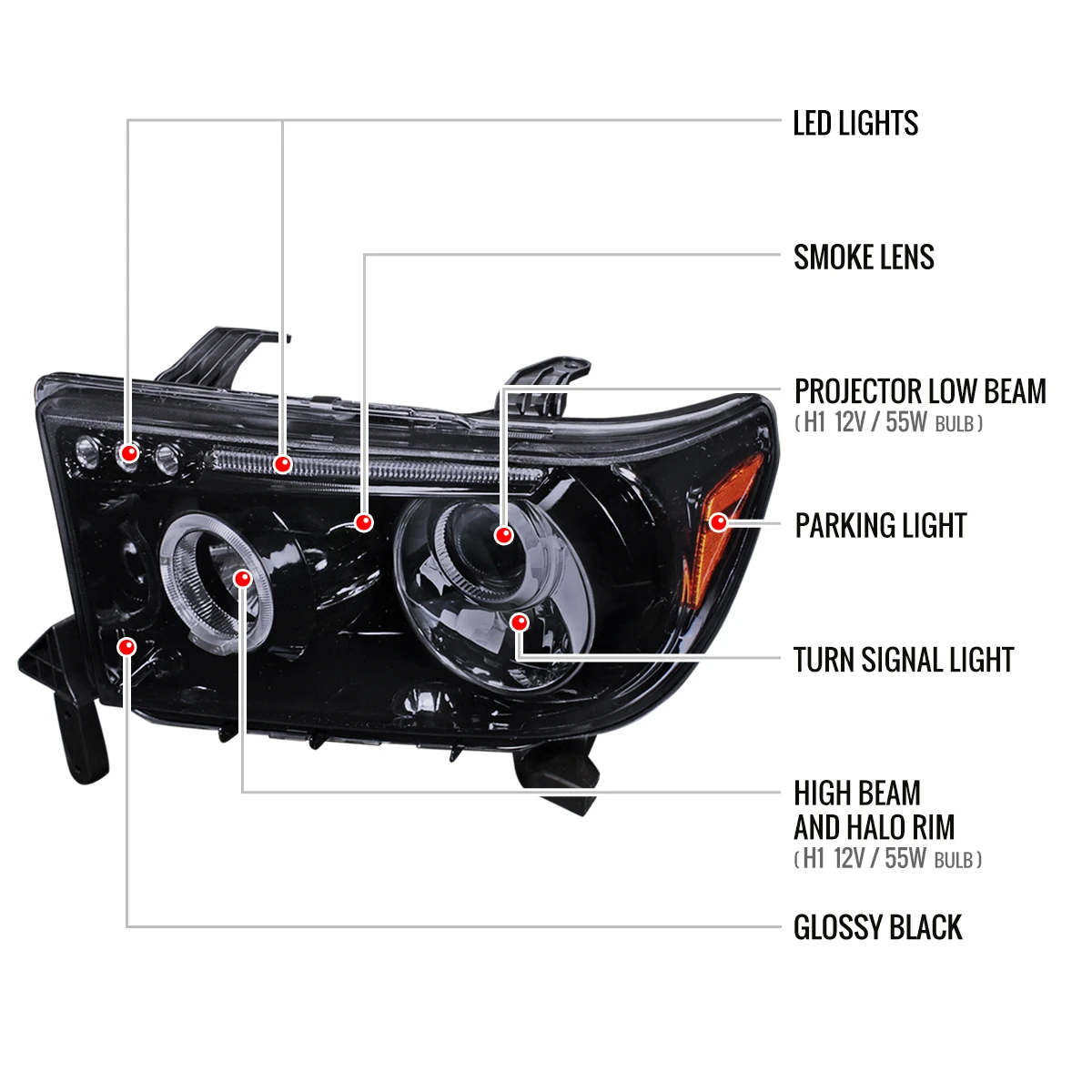 2007-2013 Toyota Tundra/ 2008-2017 Sequoia Single Halo Projector Headlights (Glossy Black Housing/Smoked Lens)
