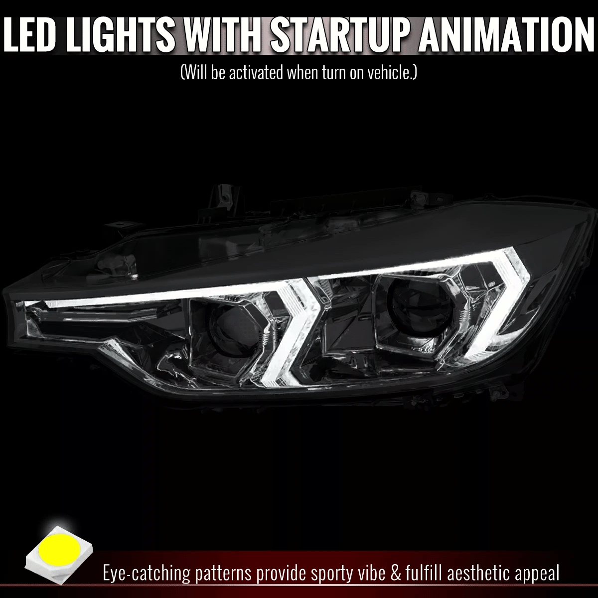 2012-2015 BMW F30 3 Series Sedan Projector Headlights w/ Switchback Sequential LED Turn Signal (Chrome Housing / Clear Lens)