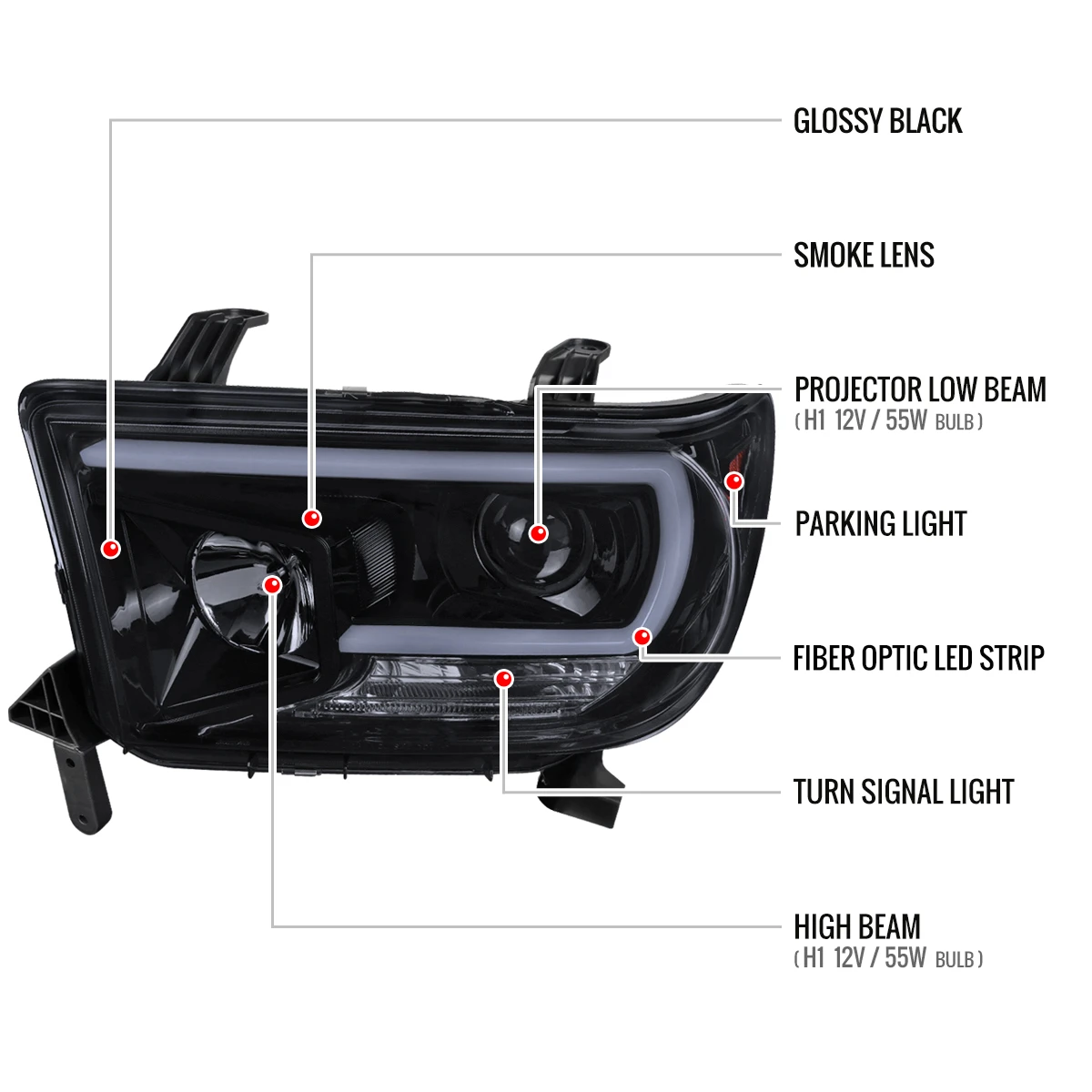 2007-2013 Toyota Tundra/ 2008-2017 Sequoia LED C-Bar Projector Headlights (Glossy Black Housing/Smoked Lens)