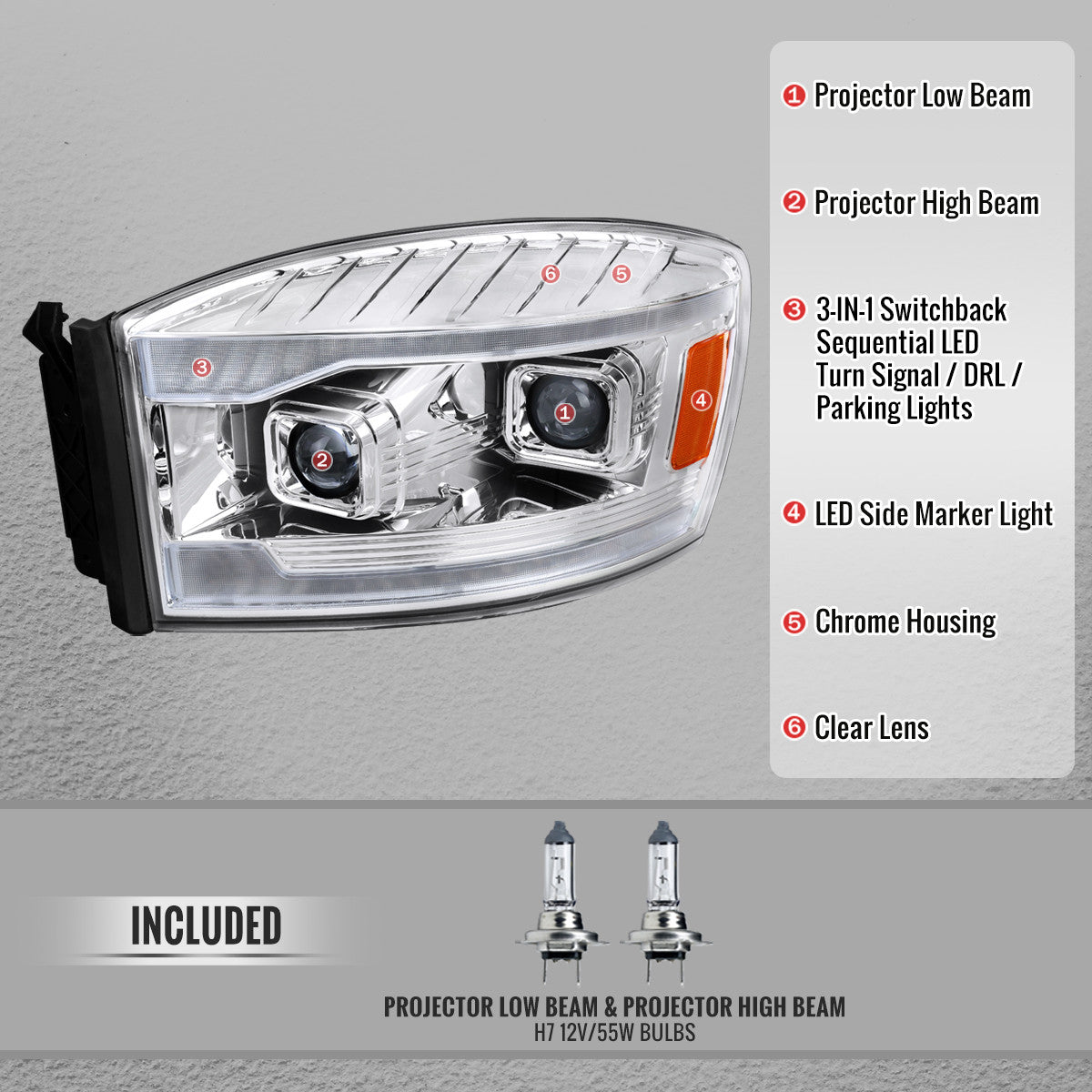 2006–2008 Dodge RAM 1500 / 2006–2009 RAM 2500 3500 Projector Headlights with Switchback Amber LED Strips, Sequential Turn Signals, DRL & Startup Animation (Chrome Housing / Clear Lens)