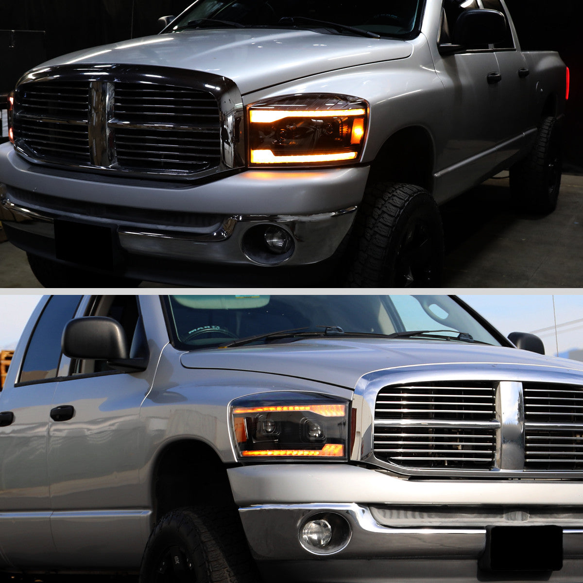 2006–2008 Dodge RAM 1500 / 2006–2009 RAM 2500 3500 Projector Headlights with Switchback Amber LED Strips, Sequential Turn Signals, DRL & Startup Animation (Black Housing / Clear Lens)