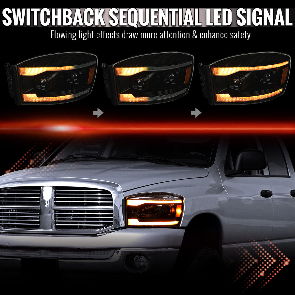 2006–2008 Dodge RAM 1500 / 2006–2009 RAM 2500 3500 Projector Headlights with Switchback Amber LED Strips, Sequential Turn Signals, DRL & Startup Animation (Black Housing / Clear Lens)