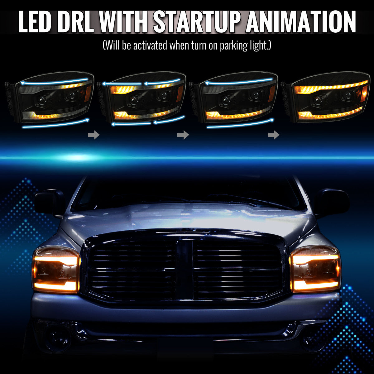 2006–2008 Dodge RAM 1500 / 2006–2009 RAM 2500 3500 Projector Headlights with Switchback Amber LED Strips, Sequential Turn Signals, DRL & Startup Animation (Black Housing / Clear Lens)