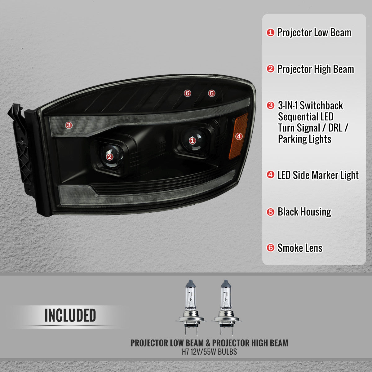2006–2008 Dodge RAM 1500 / 2006–2009 RAM 2500 3500 Projector Headlights with Switchback Amber LED Strips, Sequential Turn Signals, DRL & Startup Animation (Black Housing / Clear Lens)