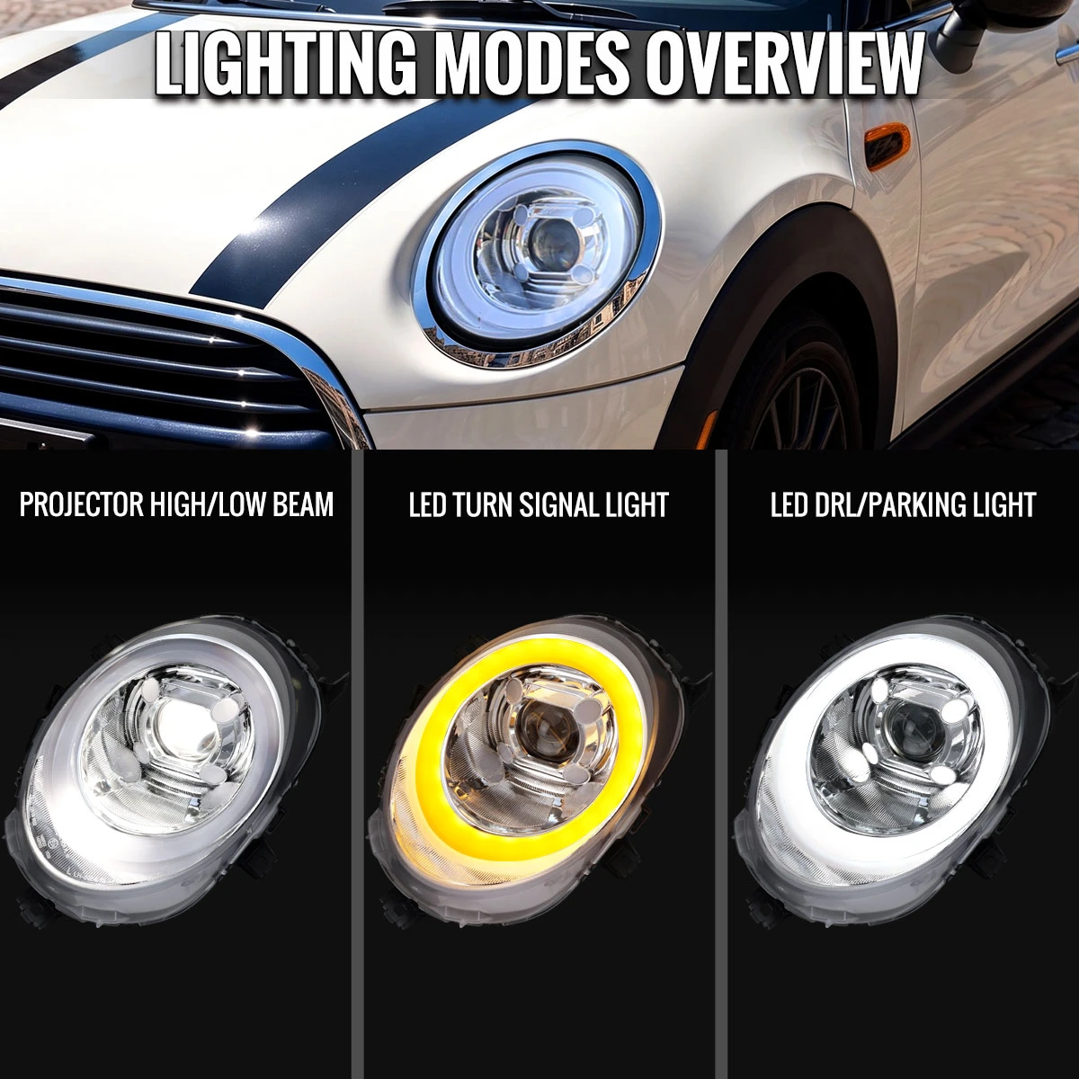 2014-2021 Mini Cooper F55 F56 F57 Projector Headlights Swithback LED DRL (Chrome Housing / Clear Lens)