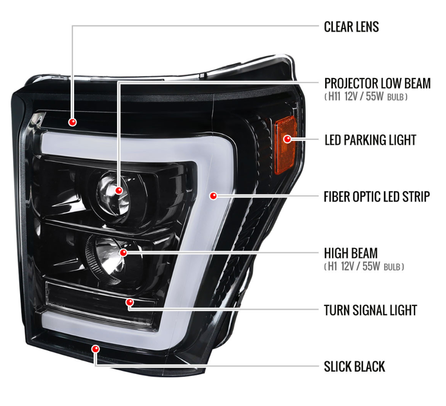 2011-2016 F-250/F-350/F-450/F-550 LED C-Bar Projector Headlights (Jet Black Housing/Clear Lens)