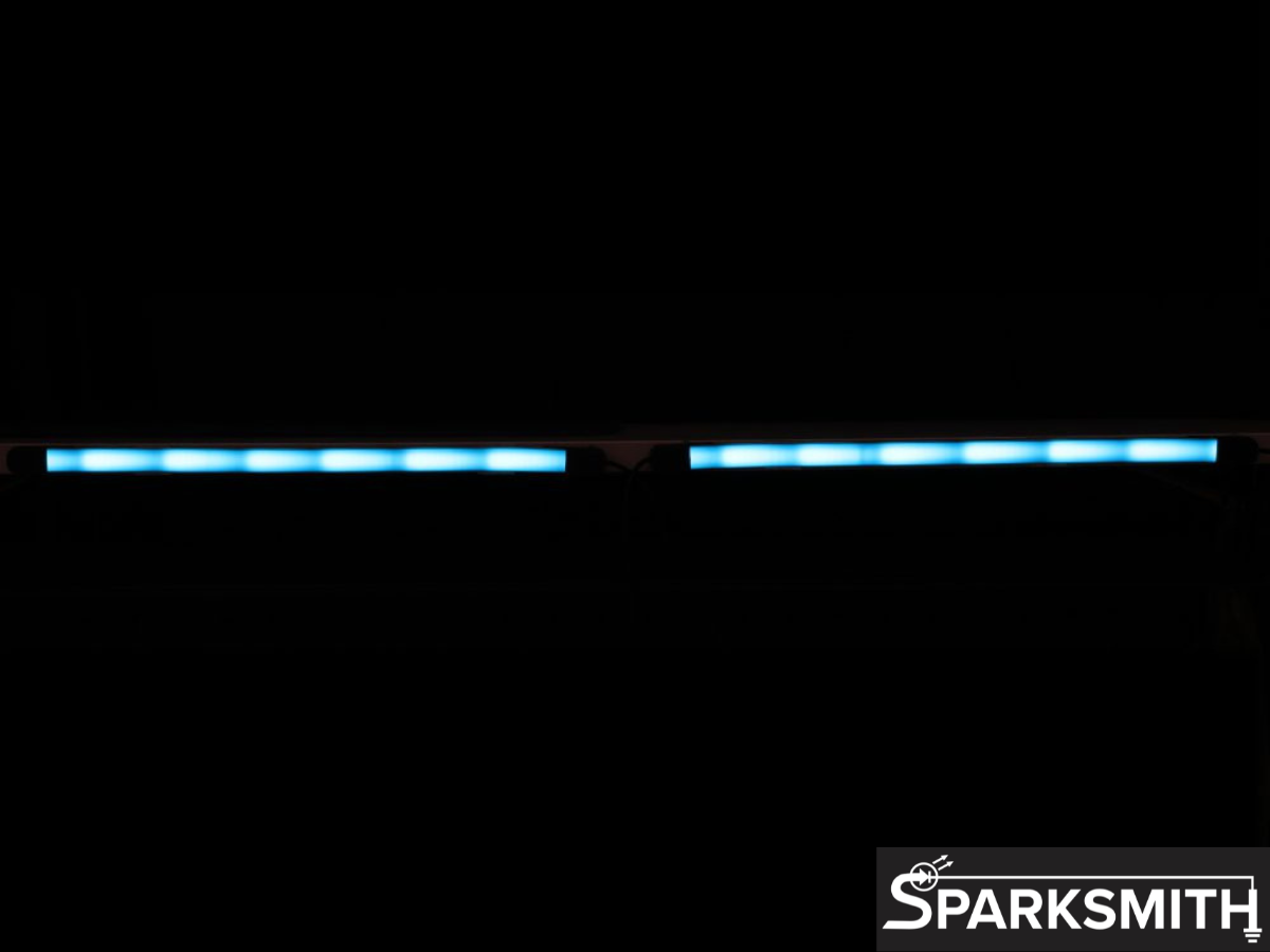 LED light bar with blue lights on a black background, branded 'Sparksmith'.