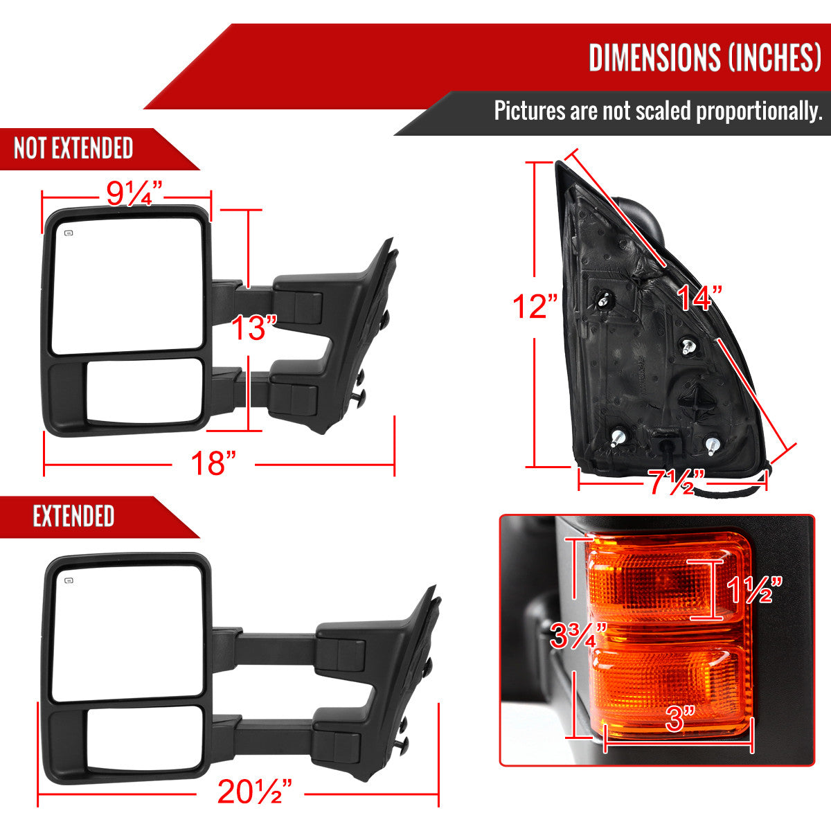 1999-2016 Ford F-250/F-350/F-450/F-550 Manual Adjustable & Extendable Towing Mirrors w/ Amber Lens Turn Signal Lights