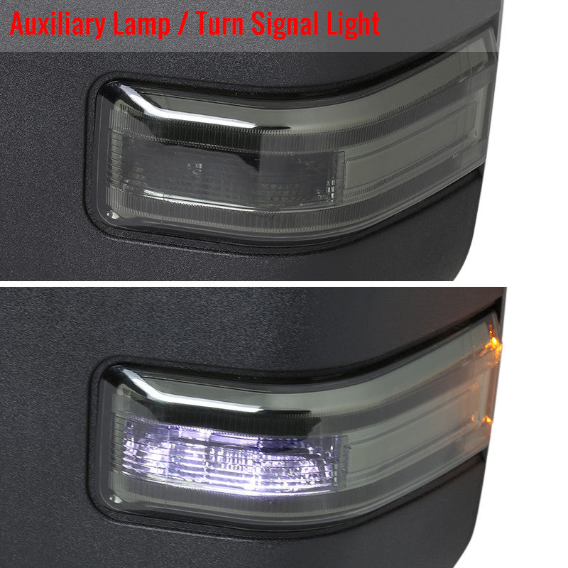 2017-2019 Ford F-250/F-350/F-450/F-550 Power Adjustable, Heated, BSM, ATS, & Manual Extendable Towing Mirrors w/ Smoked Lens LED Turn Signal, Clearance, & Auxiliary Lights