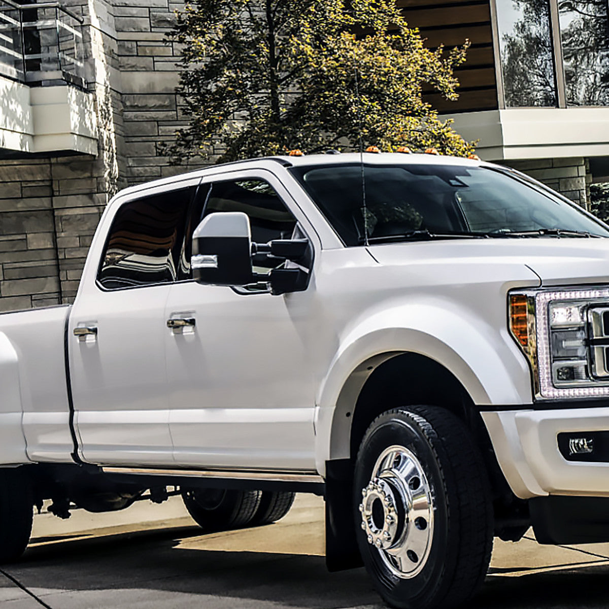 2017-2019 Ford F-250/F-350/F-450/F-550 Power Adjustable, Heated, BSM, ATS, & Manual Extendable Towing Mirrors w/ Clear Lens LED Turn Signal, Clearance, & Auxiliary Lights