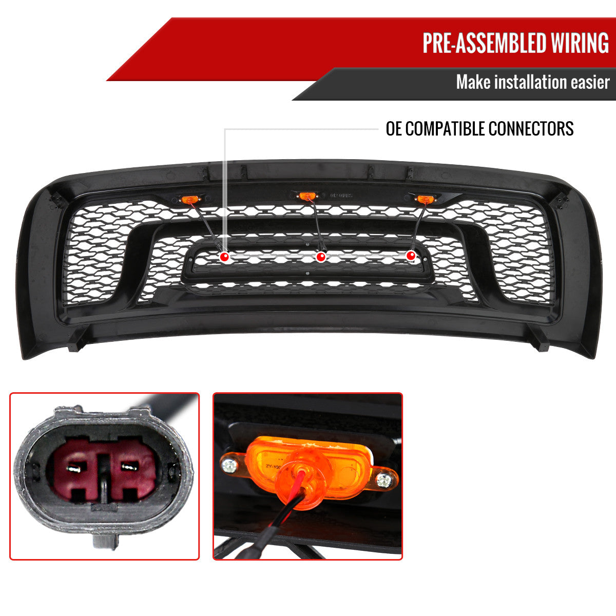 Grille+ 2010-2018 Dodge RAM 2500/3500 Rebel Style Grille w/ Amber LED Lights