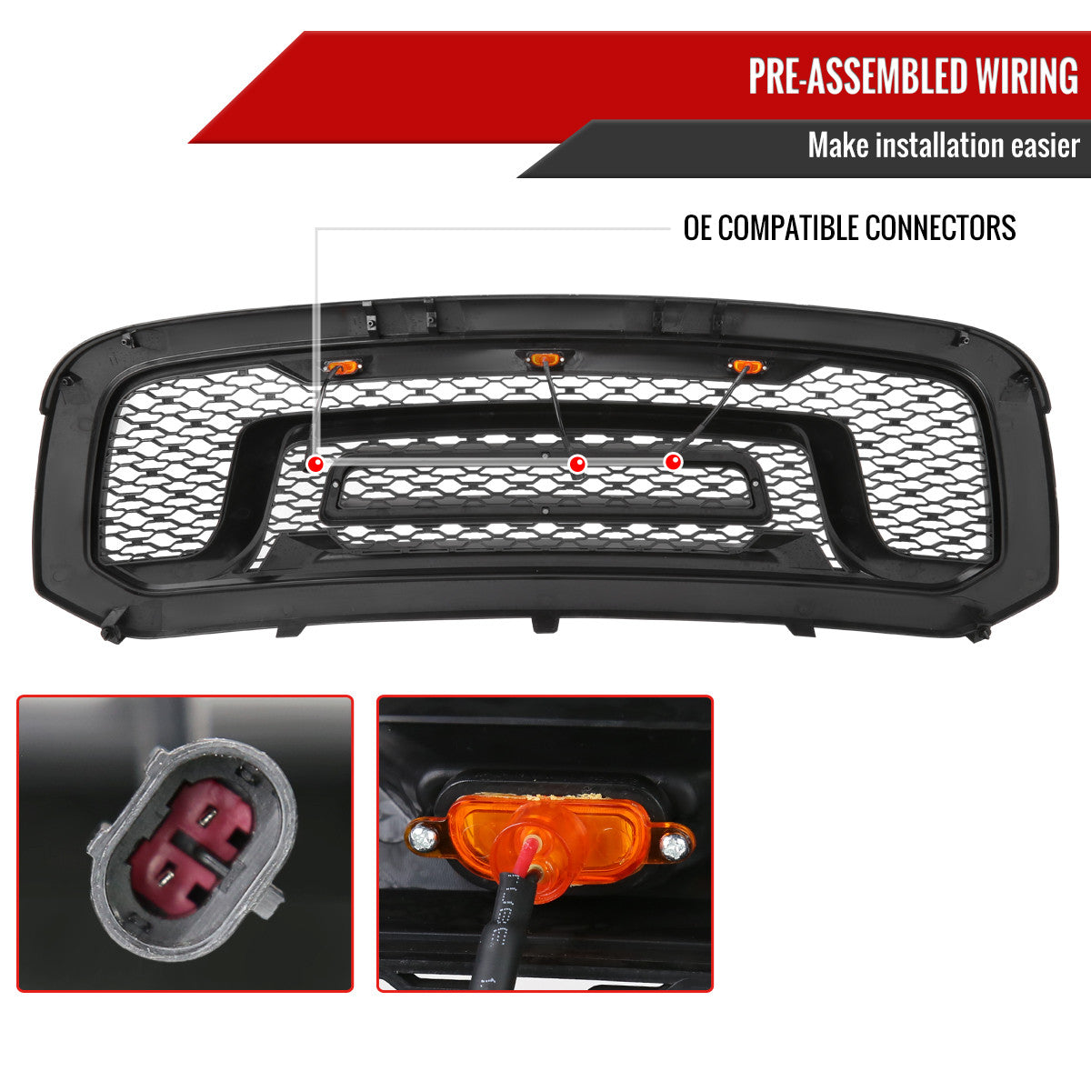 Grille+ 2013-2018 Dodge RAM 1500 Rebel Style Grille w/ Amber LED Lights