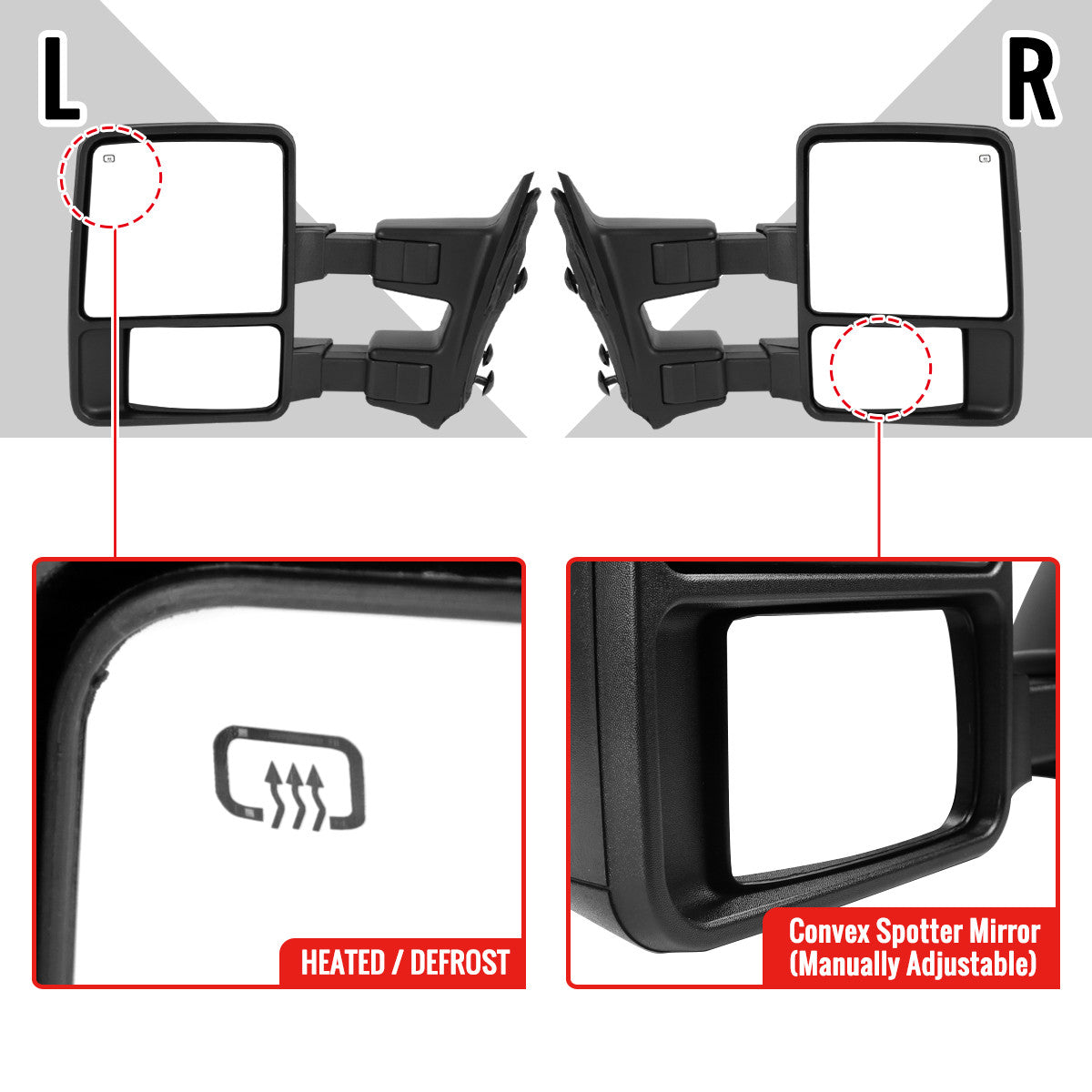 2008-2016 Ford F-250/F-350/F-450/F-550 Power Adjustable, Heated, & Manual Extendable Towing Mirrors w/ Amber Lens LED Turn Signal Lights