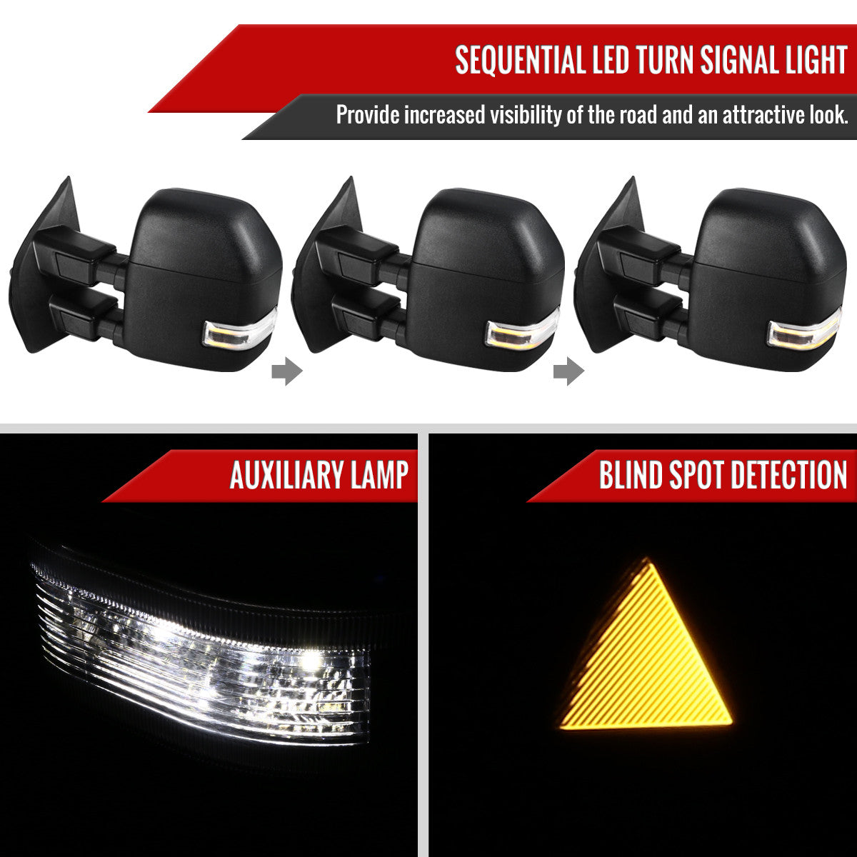 2017-2019 Ford F-250/F-350/F-450/F-550 Power Adjustable, Heated, & Manual Extendable Towing Mirrors w/ LED Turn Signal, Clearance, & Auxiliary Lights