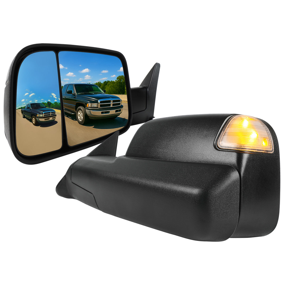 1998-2001 Dodge RAM 1500/1998-2002 RAM 2500/3500 Power Heated Towing Mirrors With Clear Lens LED Turn Signal