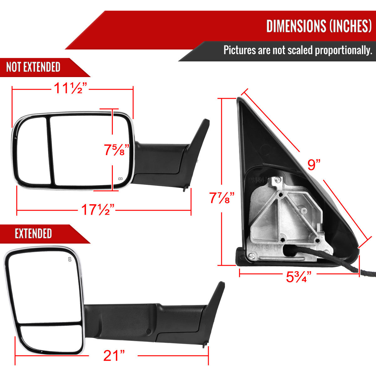 1998-2001 Dodge RAM 1500/1998-2002 RAM 2500/3500 Power Heated Towing Mirrors With Clear Lens LED Turn Signal