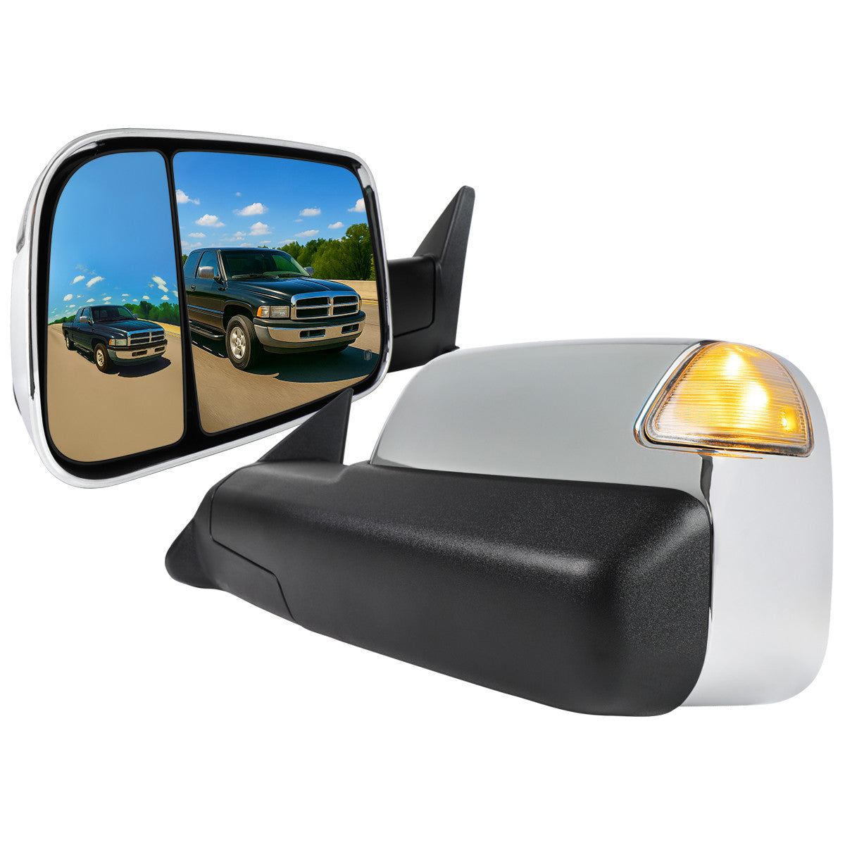 1998-2001 Dodge RAM 1500/1998-2002 RAM 2500/3500 Power Heated Towing Mirrors With Clear Lens LED Turn Signal